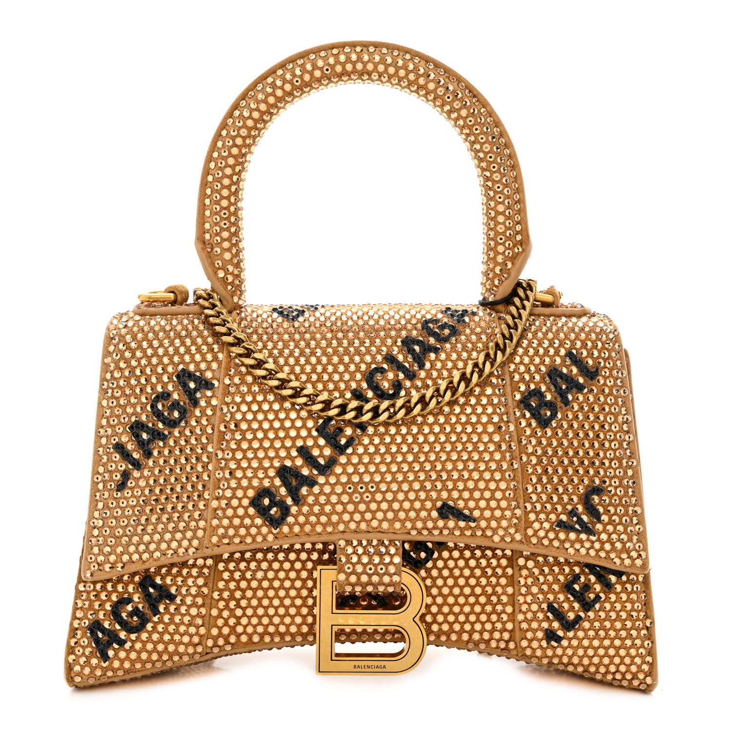 Balenciaga Strass Suede Allover Logo Hourglass Top Handle Bag XS with Chain Gold Black 1 of 14