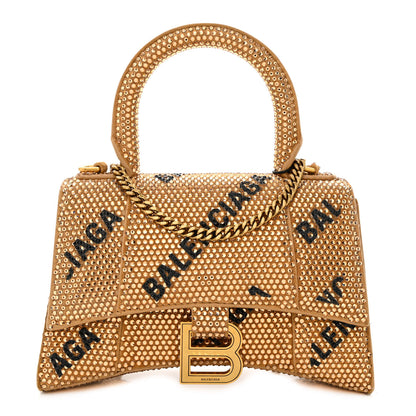 Balenciaga Strass Suede Allover Logo Hourglass Top Handle Bag XS with Chain Gold Black 1 of 14