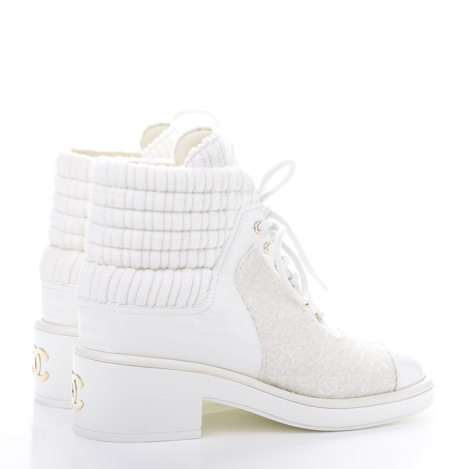 Chanel Tweed Patent Calfskin Velvet Lace Up Boots 37 White 5 of 10
