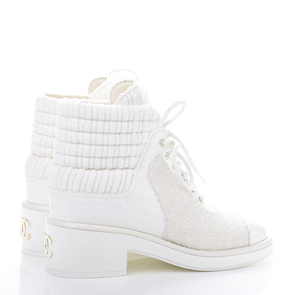 Chanel Tweed Patent Calfskin Velvet Lace Up Boots 37 White 5 of 10