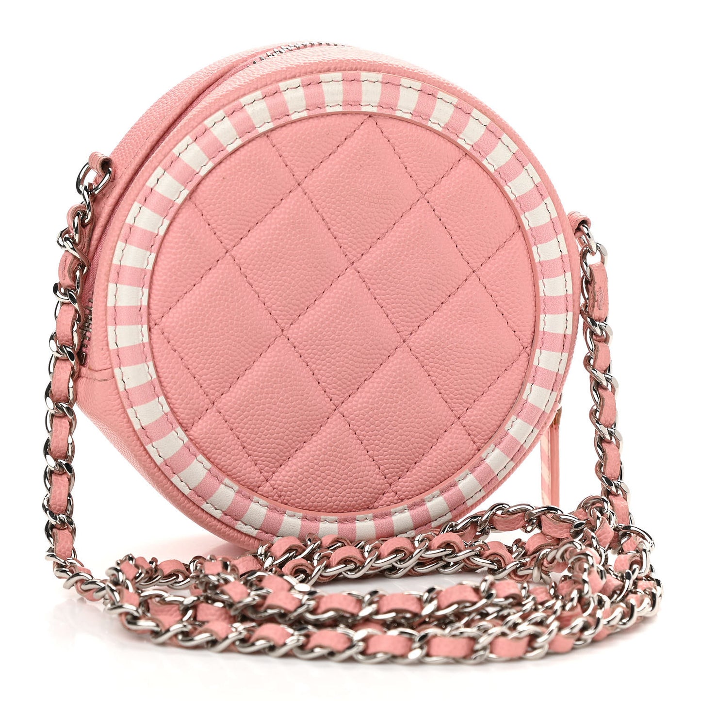 Caviar Quilted Filigree Round Clutch With Chain Pink White