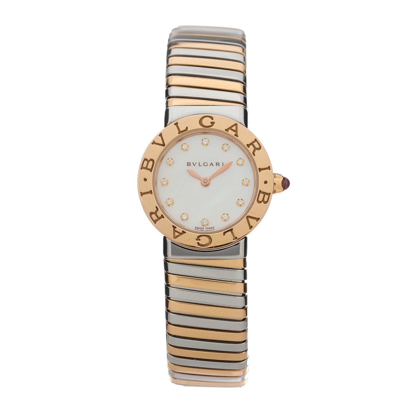 Stainless Steel 18K Rose Gold Diamond Mother of Pearl 26mm Tubogas Quartz Watch