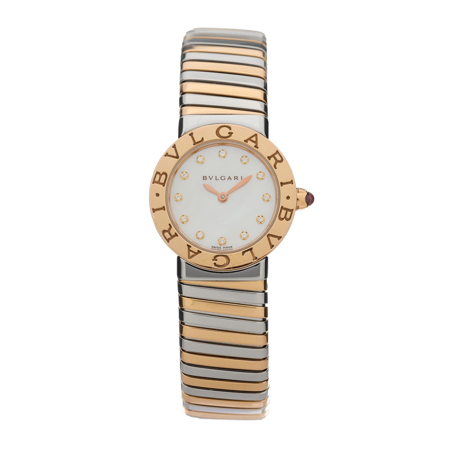 Bulgari Stainless Steel 18K Rose Gold Diamond Mother of Pearl 26mm Tubogas Quartz Watch 1 of 4