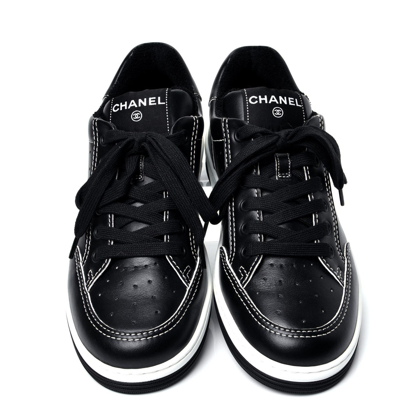 Calfskin Womens Logo Sneakers 38 Black White