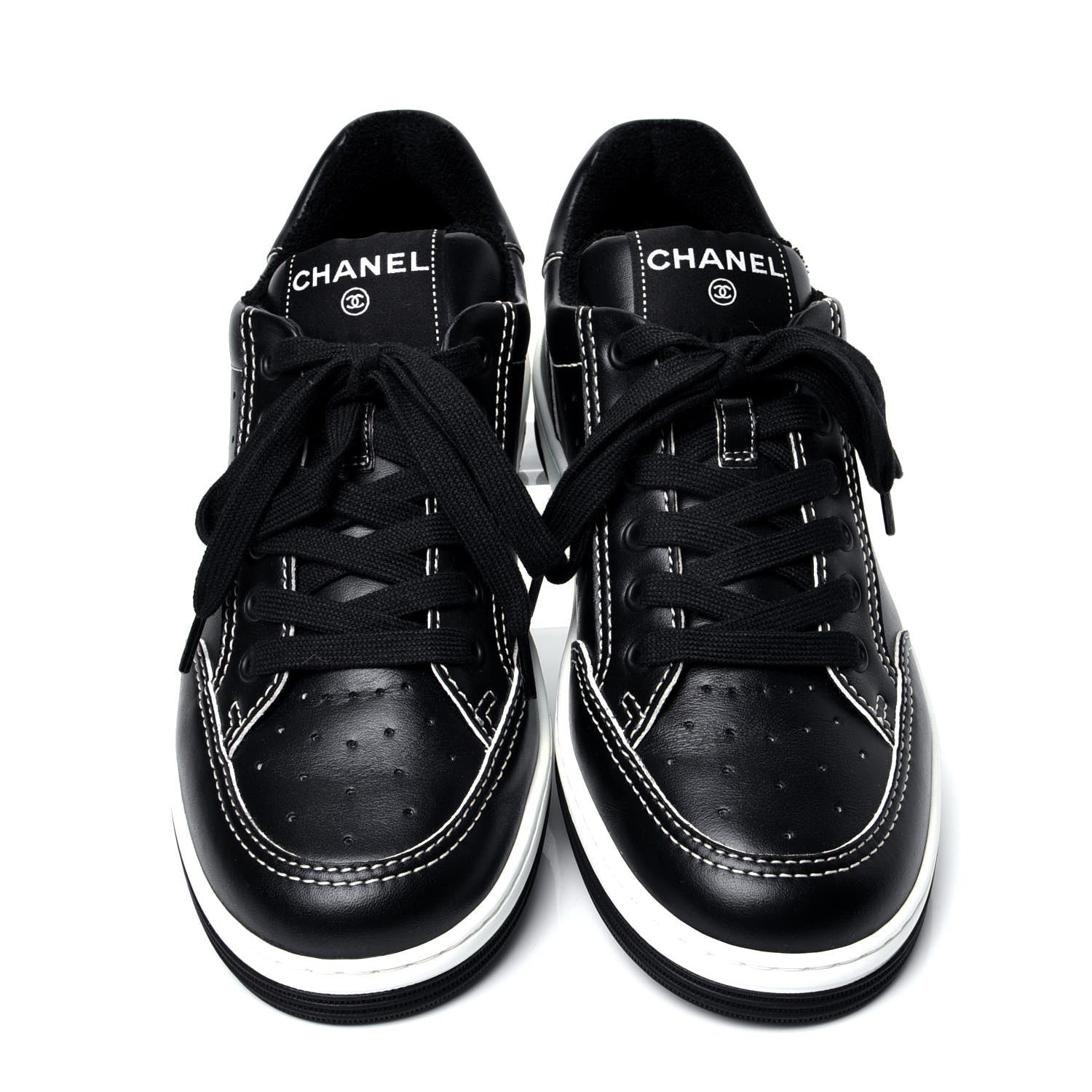 Chanel Calfskin Womens Logo Sneakers 38 Black White 5 of 13
