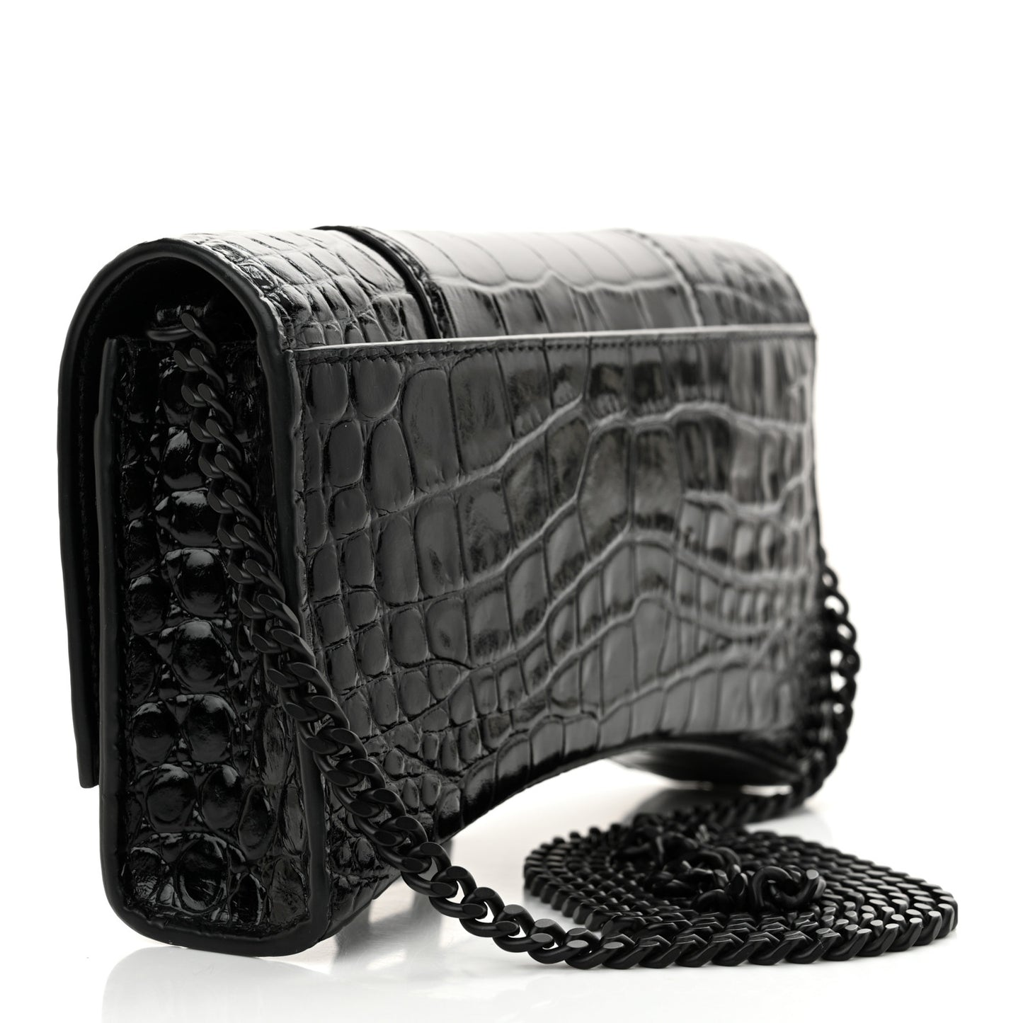 Shiny Calfskin Monochrome Crocodile Embossed Hourglass Chain Bag Black