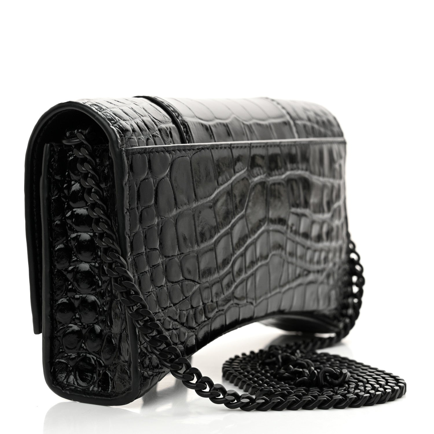 Balenciaga Shiny Calfskin Monochrome Crocodile Embossed Hourglass Chain Bag Black 3 of 13