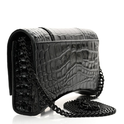 Balenciaga Shiny Calfskin Monochrome Crocodile Embossed Hourglass Chain Bag Black 3 of 13