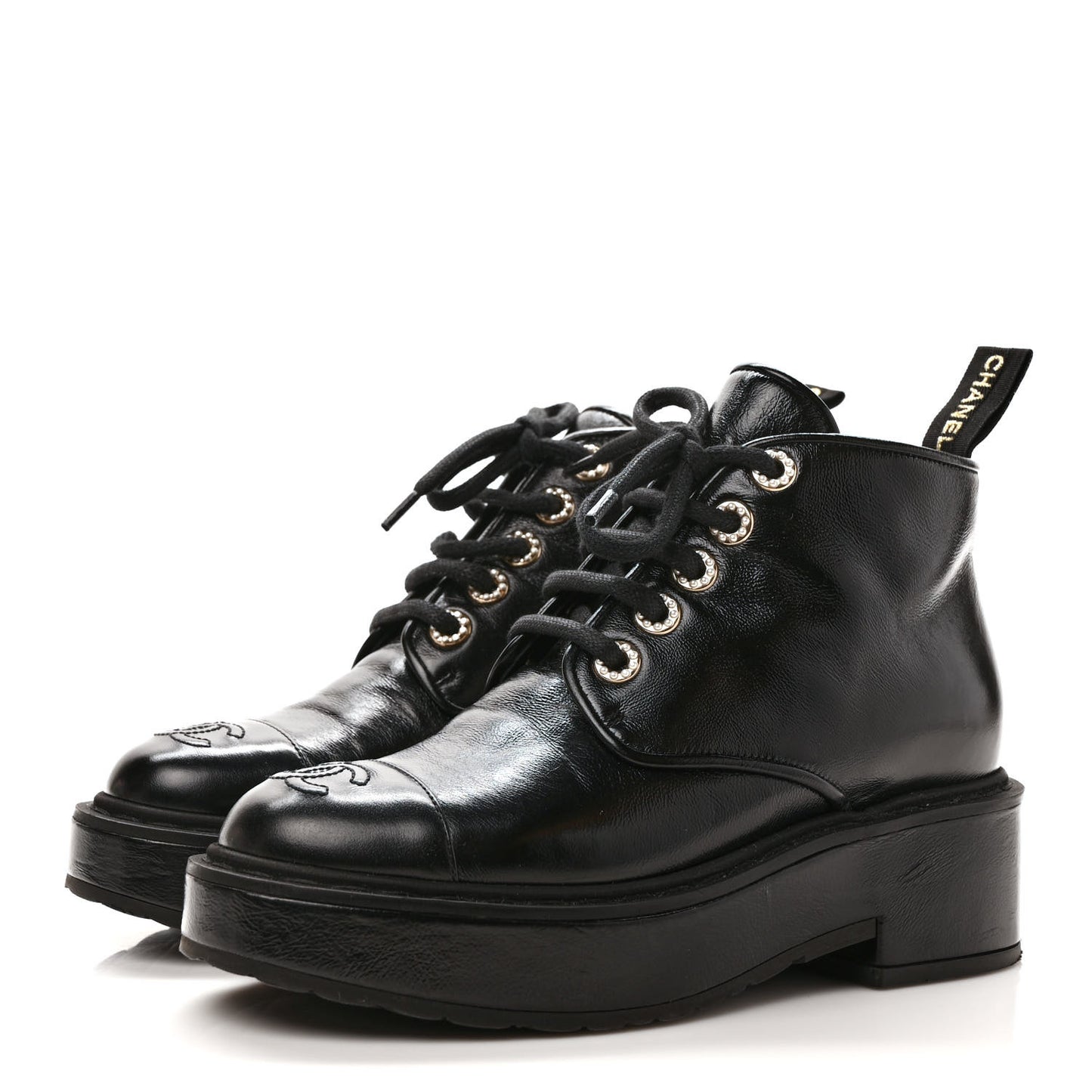 Shiny Calfskin Pearl Lace Up Combat Short Boots 36 Black