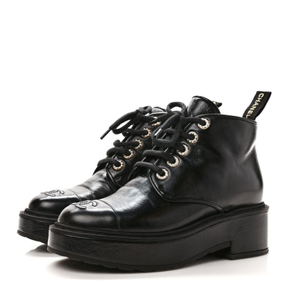 Chanel Shiny Calfskin Pearl Lace Up Combat Short Boots 36 Black 3 of 8