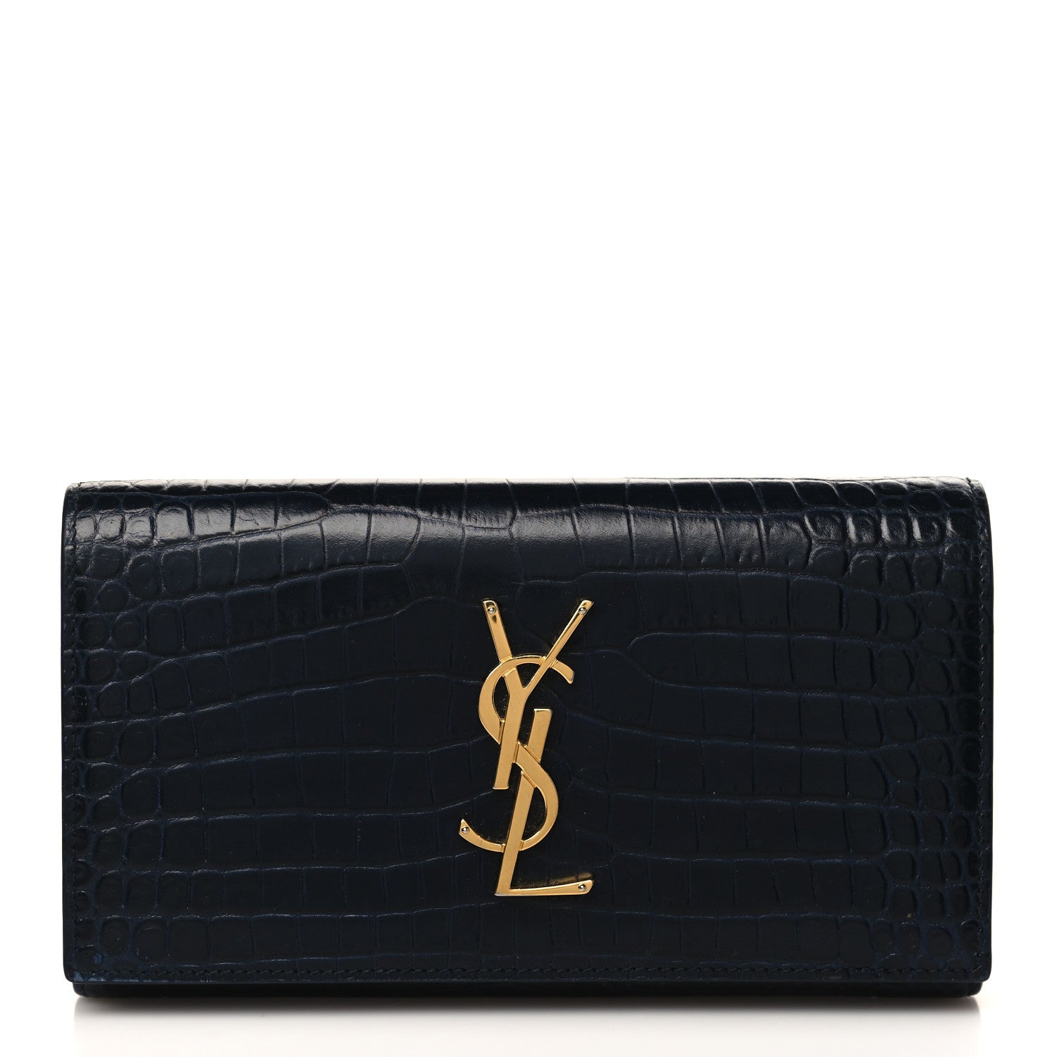 Saint Laurent Calfskin Crocodile Embossed Monogram Flap Wallet Navy 1 of 10