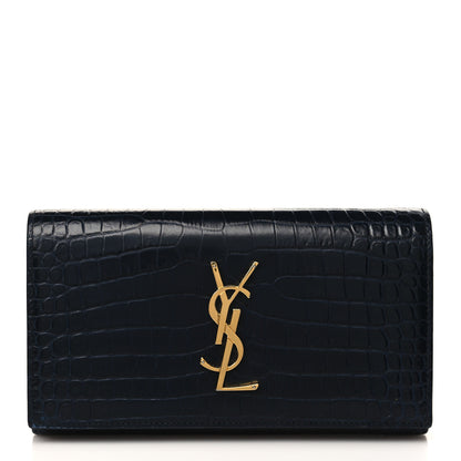 Saint Laurent Calfskin Crocodile Embossed Monogram Flap Wallet Navy 1 of 10