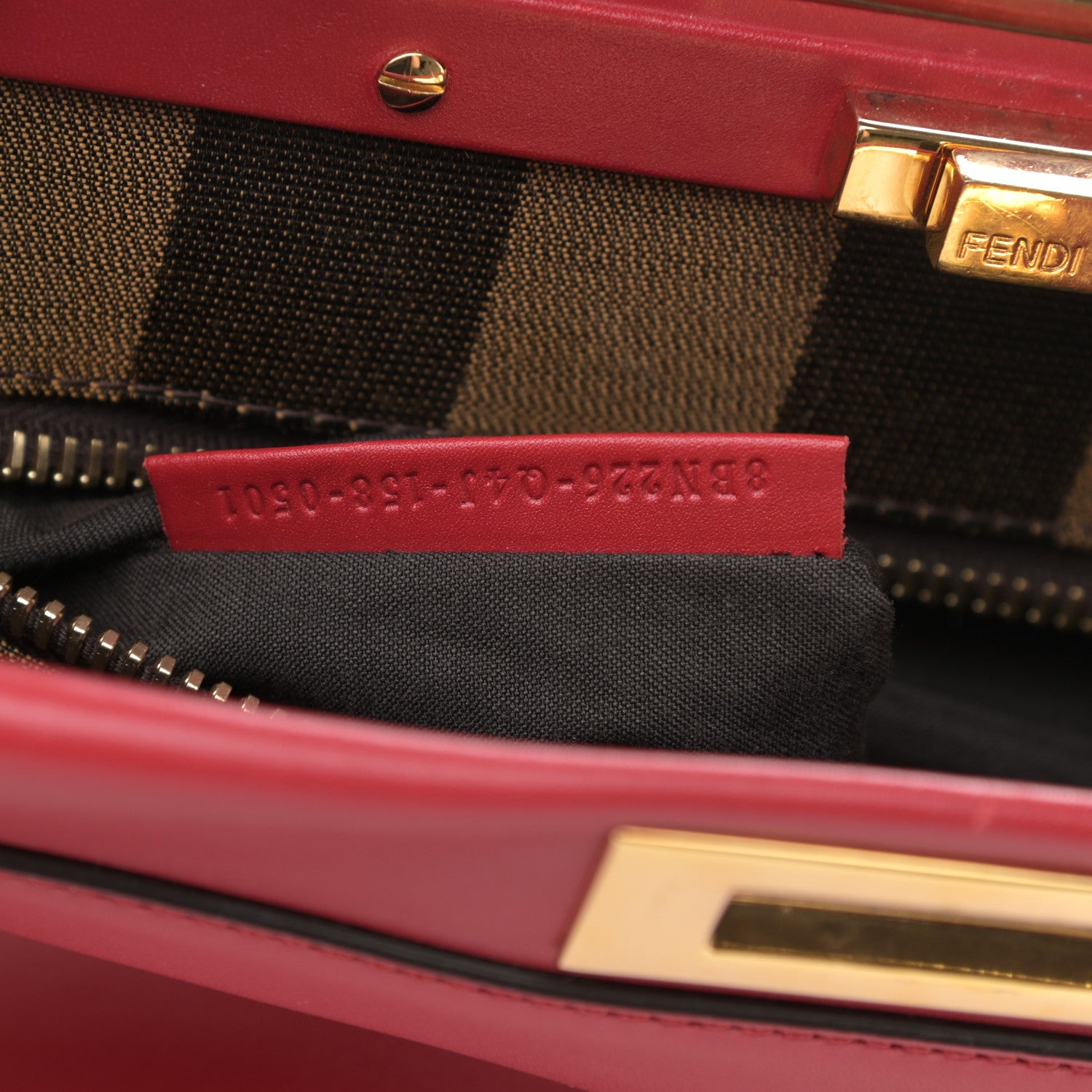 Fendi Vitello Morgan Fabric Jacquard Pequin Medium Peekaboo Iconic Satchel Mattone Tobacco Black 9 of 14