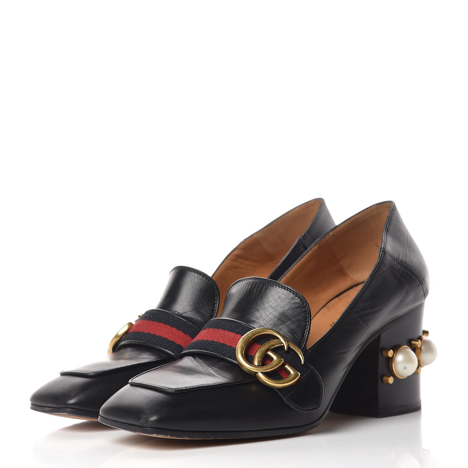 Gucci Malaga Kid Web Pearl Embellished Peyton 75mm Loafer Pumps 36.5 Black 3 of 9