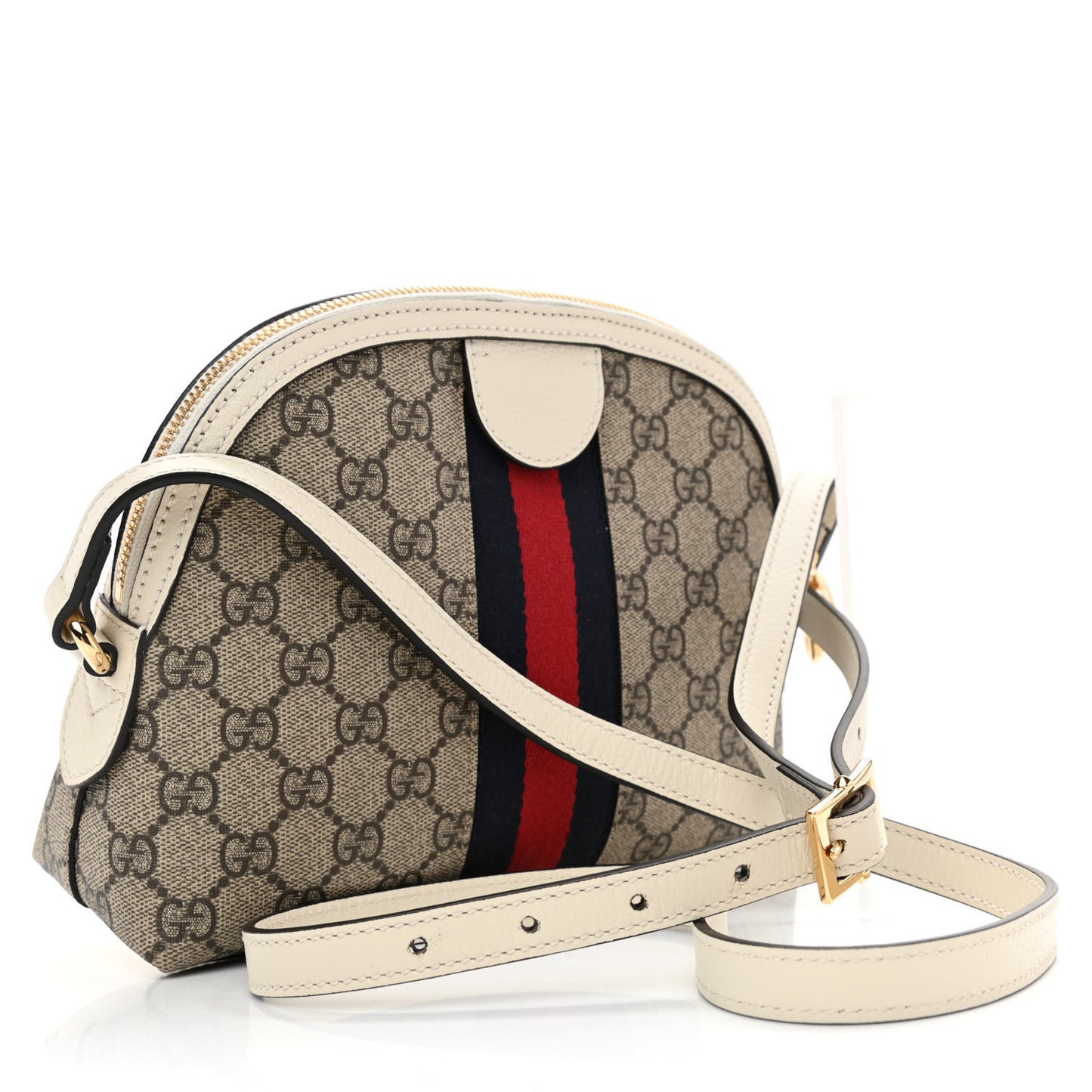 GG Supreme Monogram Textured Dollar Calfskin Web Small Ophidia Dome Shoulder Bag Beige Ebony Mystic White