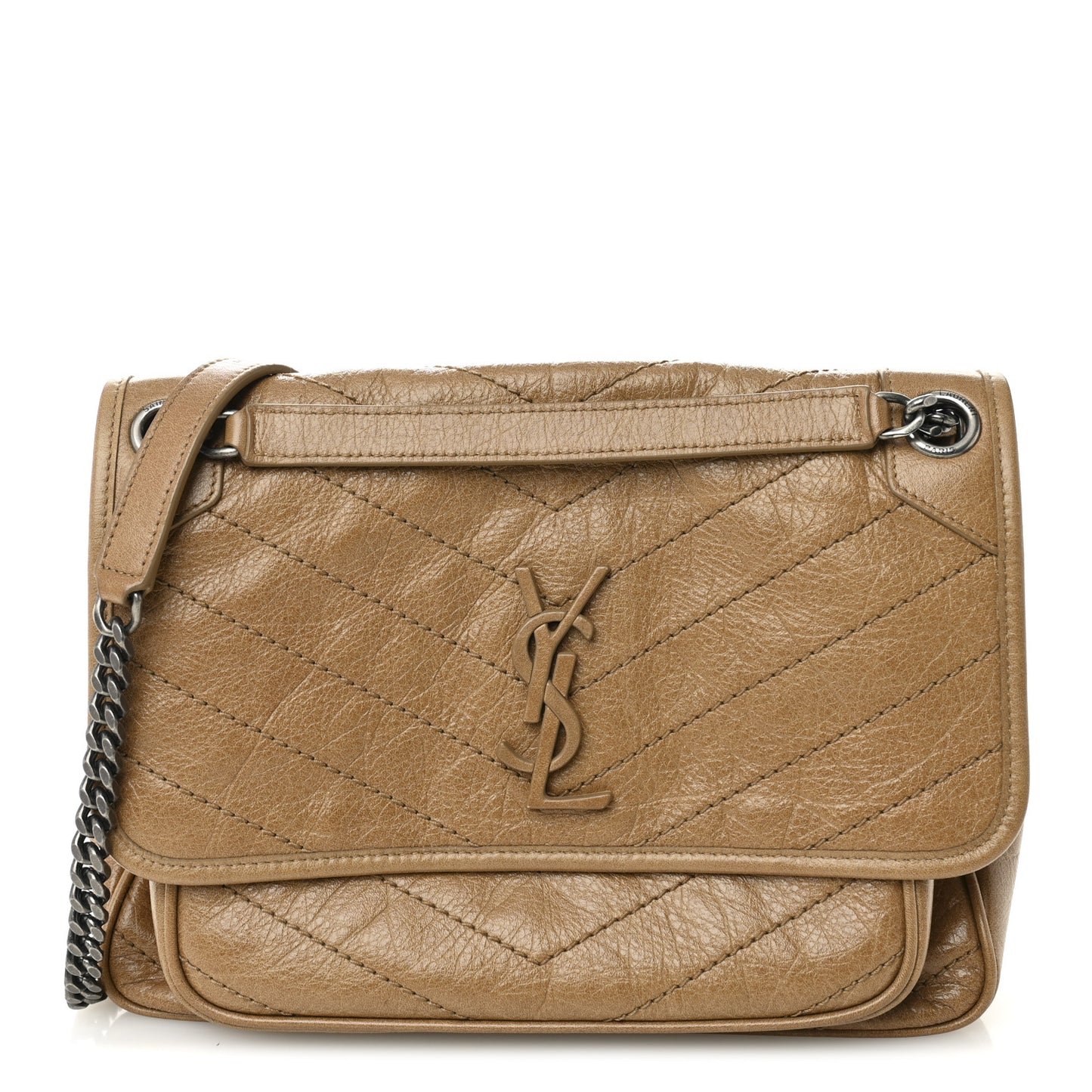 Crinkled Calfskin Matelasse Monogram Medium Niki Chain Satchel Dark Toffee