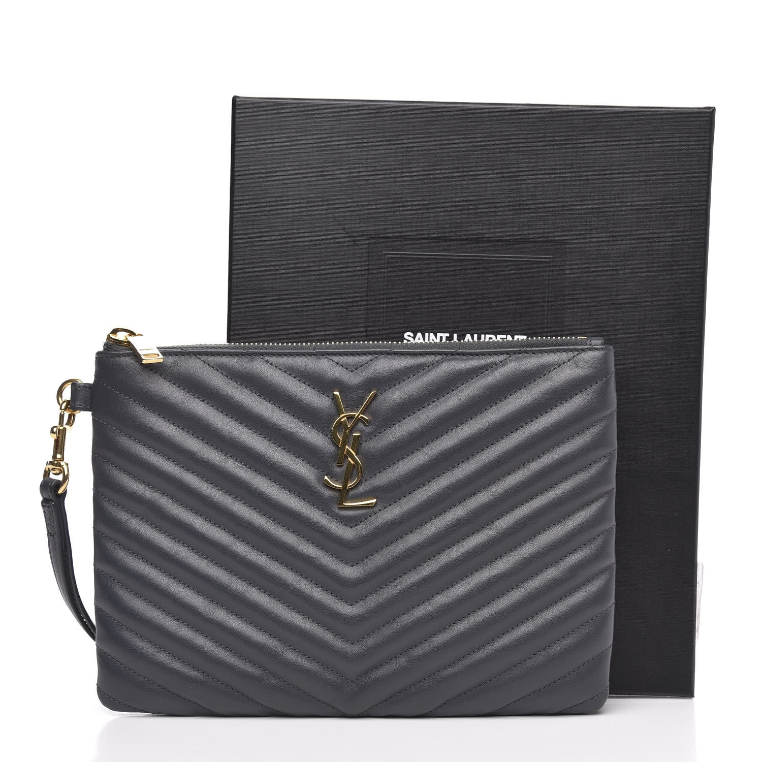 Saint Laurent Calfskin Matelasse Chevron Monogram A5 Wristlet Dark Smog 10 of 10