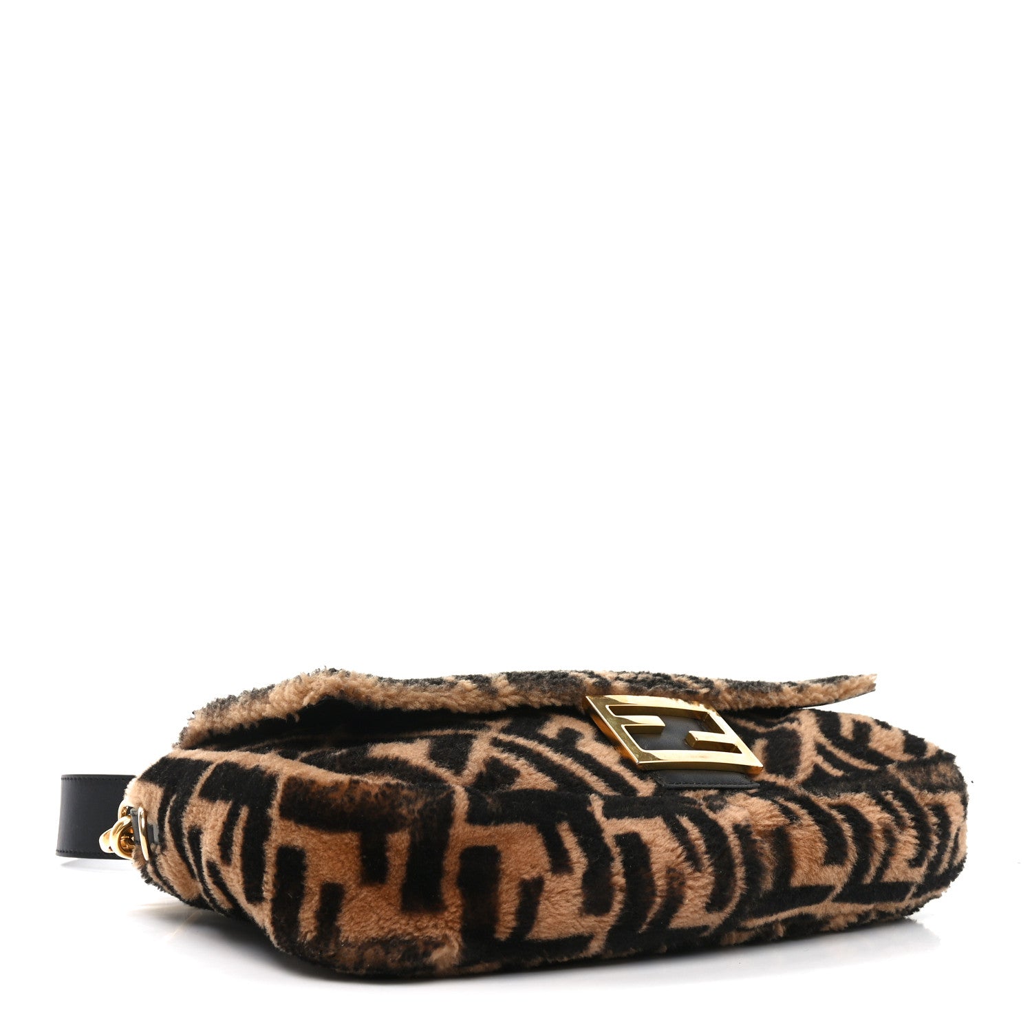 Fendi Shearling Vitello Dolce Macro FF 1974 Large Baguette Tobacco Black 4 of 11