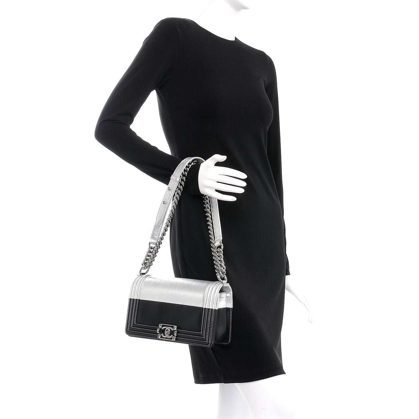 Metallic Goatskin Calfskin Medium Boy Flap Silver Black