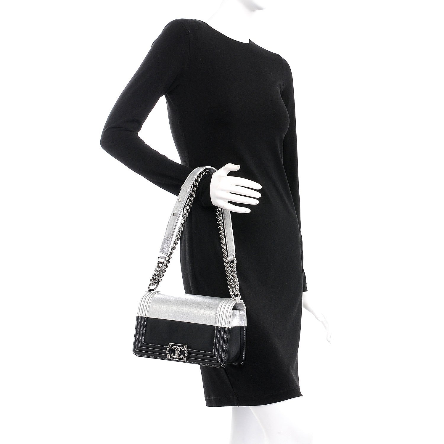 Chanel Metallic Goatskin Calfskin Medium Boy Flap Silver Black 3 of 9