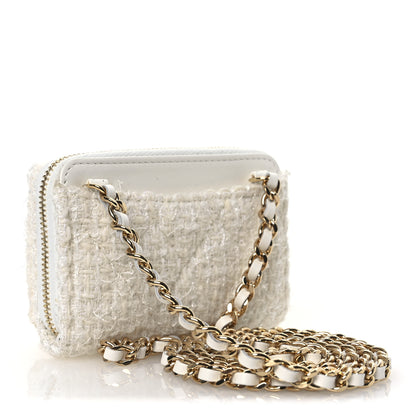 Chanel Tweed Quilted Bow Flap Card Holder On Chain White 3 of 11