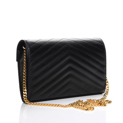 Saint Laurent Grain De Poudre Matelasse Chevron Monogram Chain Wallet Black 3 of 7