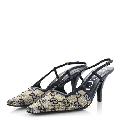 Gucci GG Monogram Malaga Kid Crystal Square G 75mm Slingback Pumps 37.5 Beige Blue 4 of 15