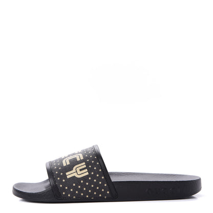 Gucci X SEGA Supreme Canvas GUCCY Stars Womens Slide Sandals 36 Black Gold 1 of 11
