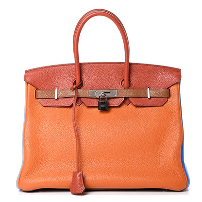 Hermes Taurillon Clemence Arlequin Birkin 35 Orange Sanguine Gold Bleu Lin Bleu Hydra Etain 1 of 19