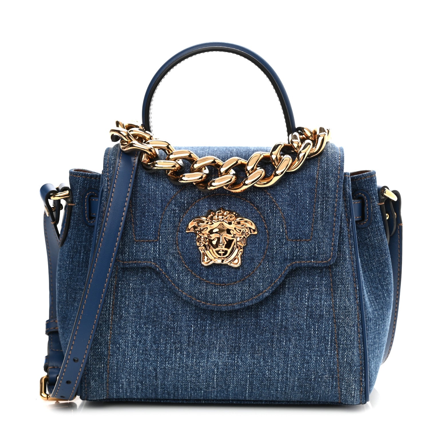 Versace Denim Small La Medusa Chain Top Handle Handbag Navy Blue 1 of 8