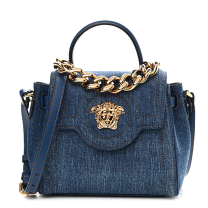 Versace Denim Small La Medusa Chain Top Handle Handbag Navy Blue 1 of 8