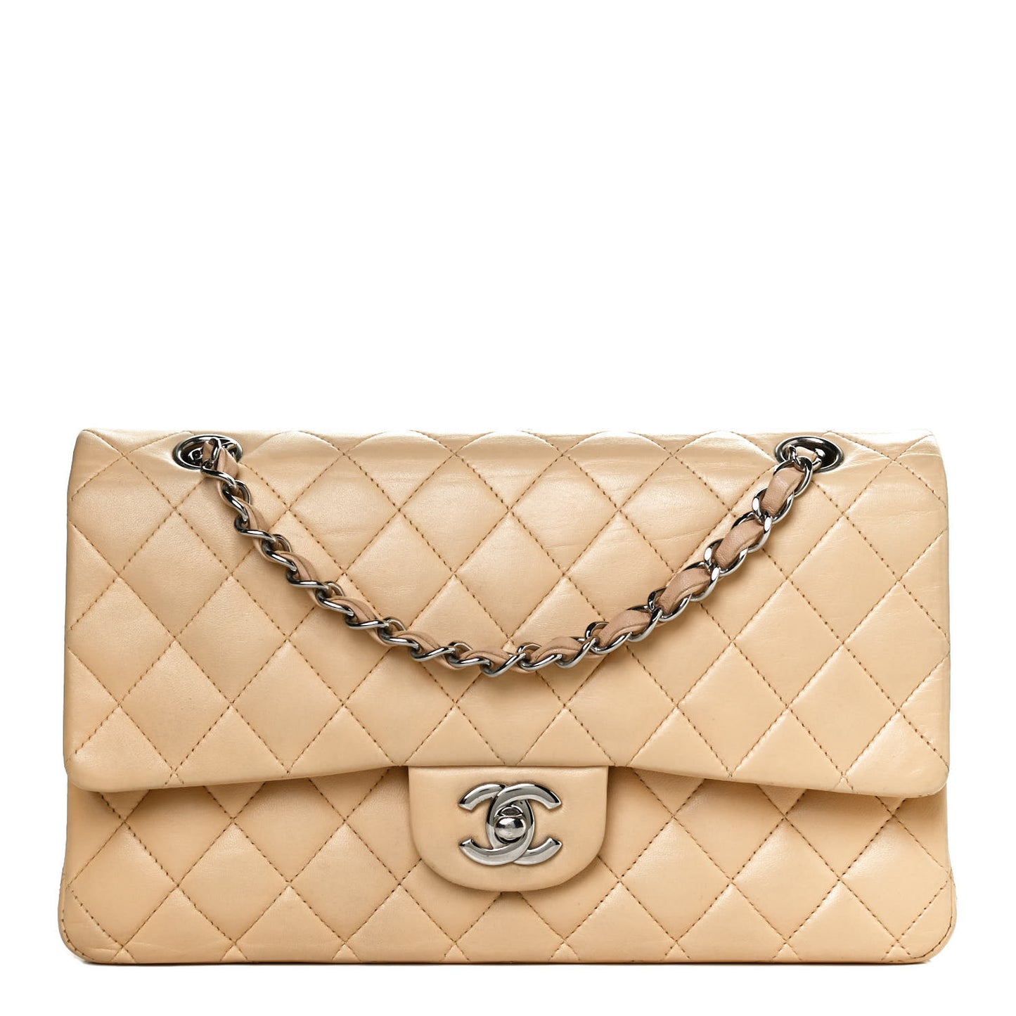 Lambskin Quilted Medium Double Flap Beige