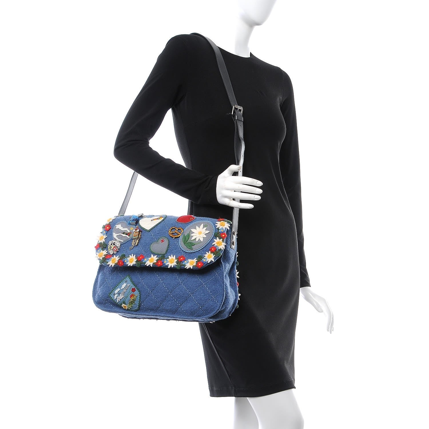 Chanel Felt Embroidered Large Crest Austrian Satchel Blue 2 of 9