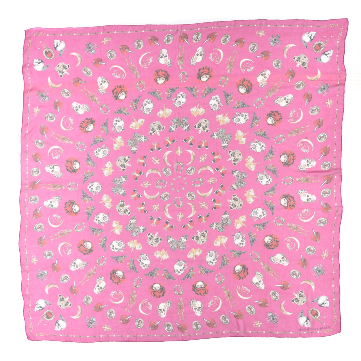 Silk Chiffon Skull Butterfly Scarf Fuxia Multicolor