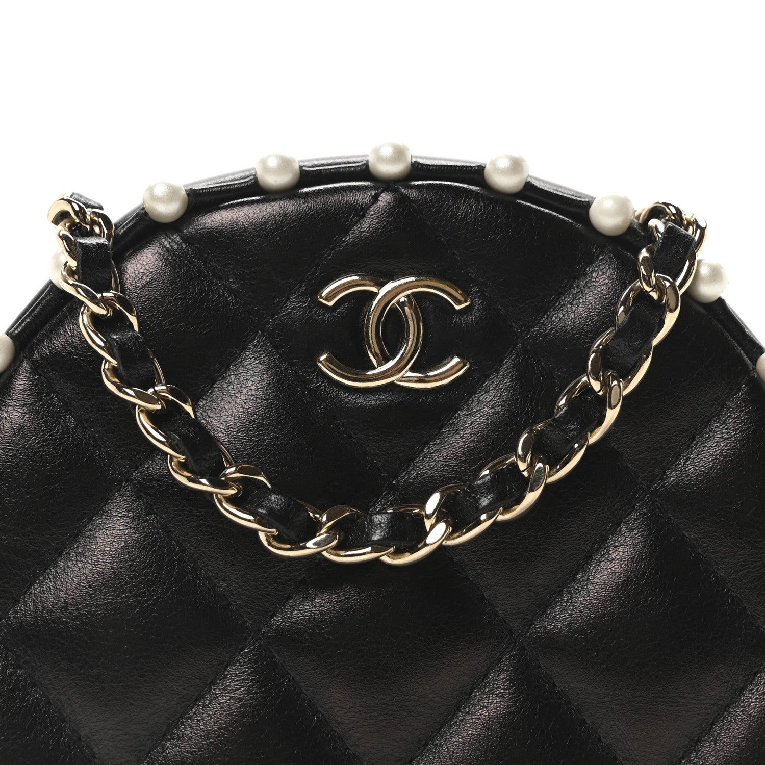 Chanel Calfskin Quilted Pearl Round Clutch With Chain Black 7 of 9