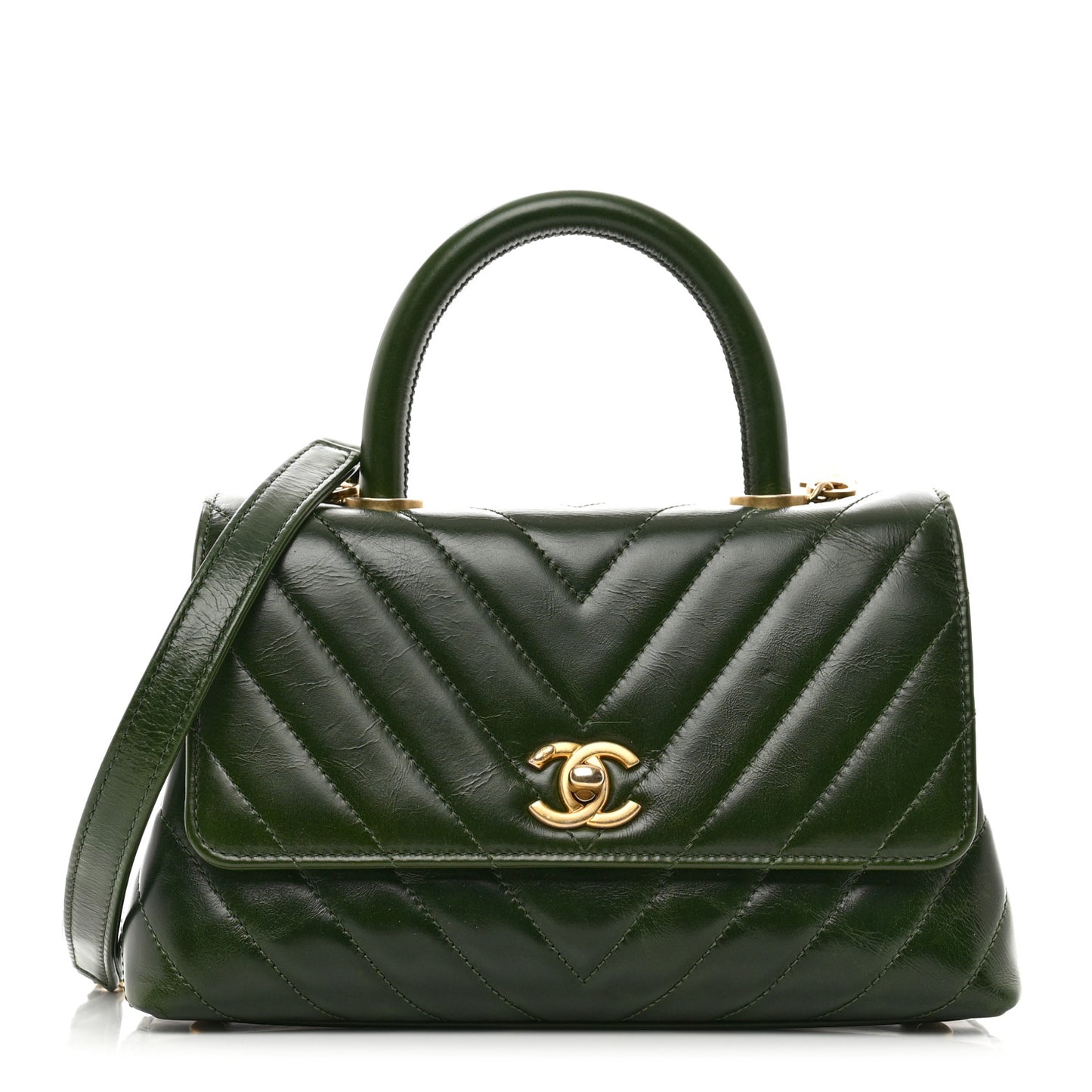 Calfskin Chevron Quilted Mini Coco Handle Flap Green