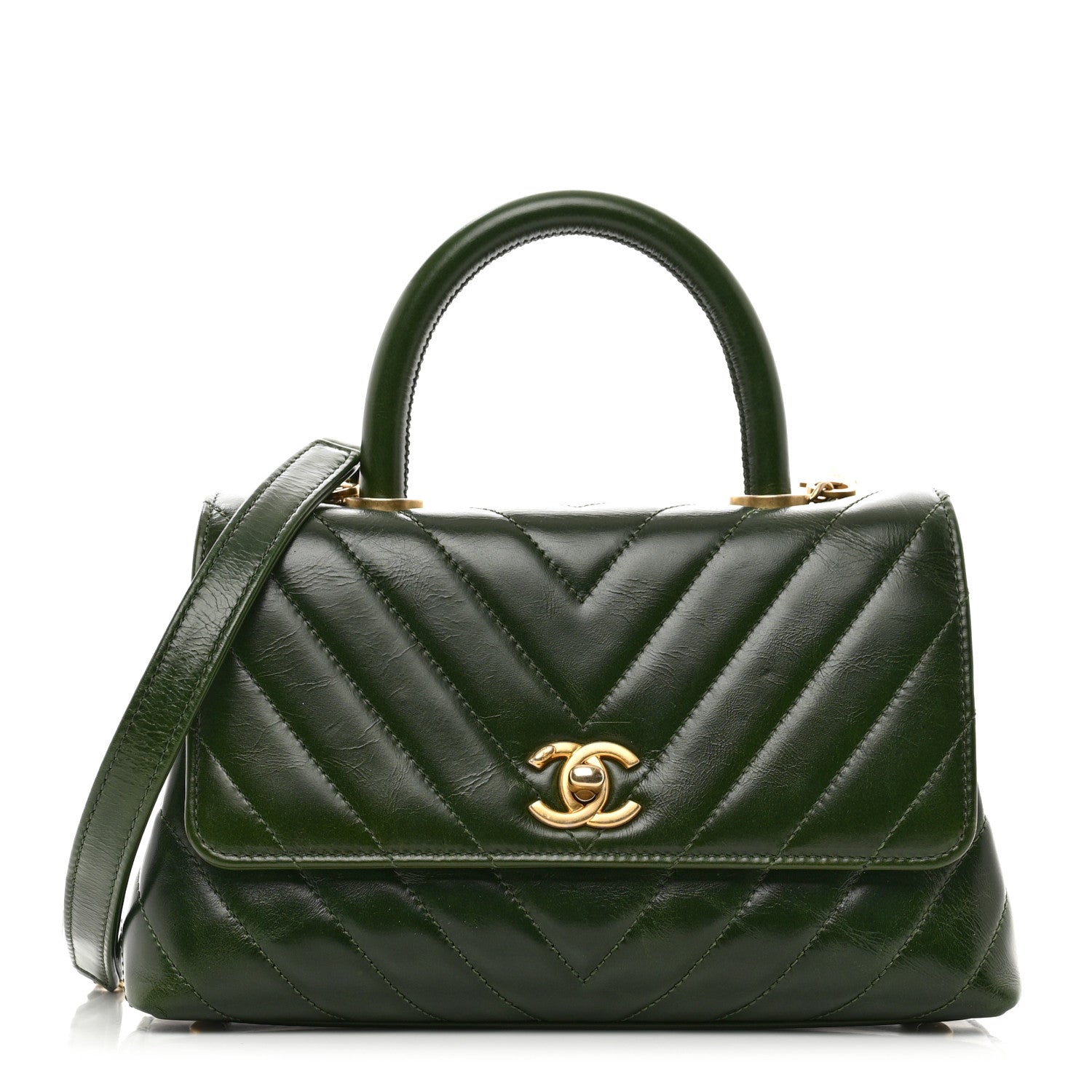 Chanel Calfskin Chevron Quilted Mini Coco Handle Flap Green 1 of 10