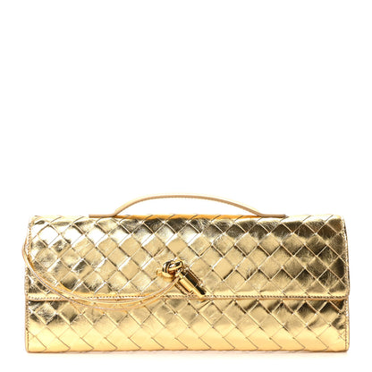 Bottega Veneta Metallic Lambskin Intrecciato Long Andiamo Top Handle Clutch Gold 1 of 12