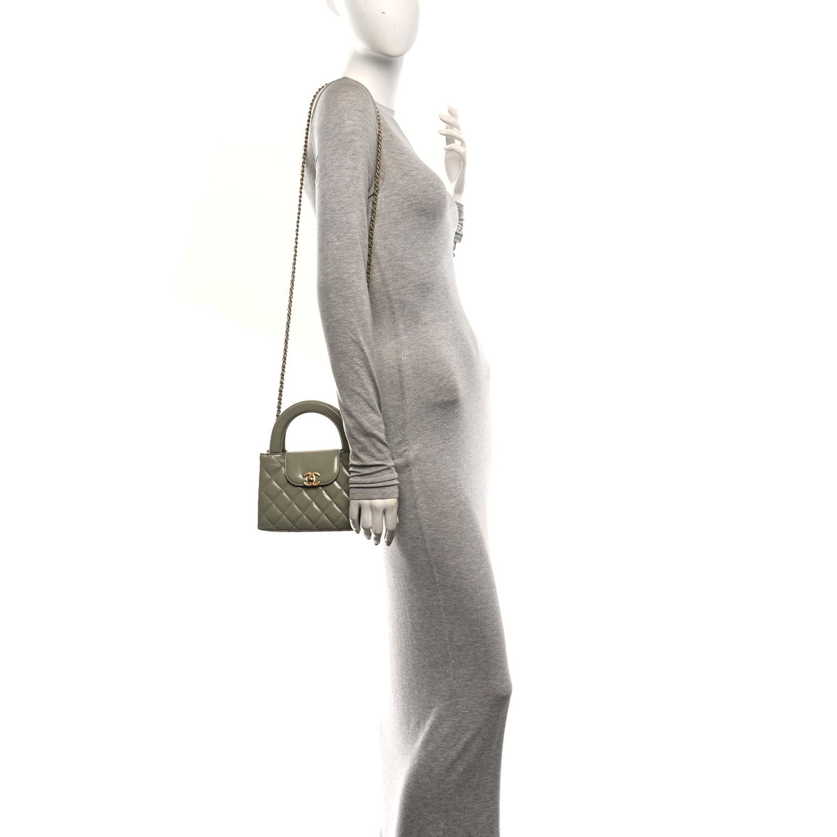 Chanel Shiny Aged Calfskin Quilted Nano Kelly Shopper Khaki 2 of 10