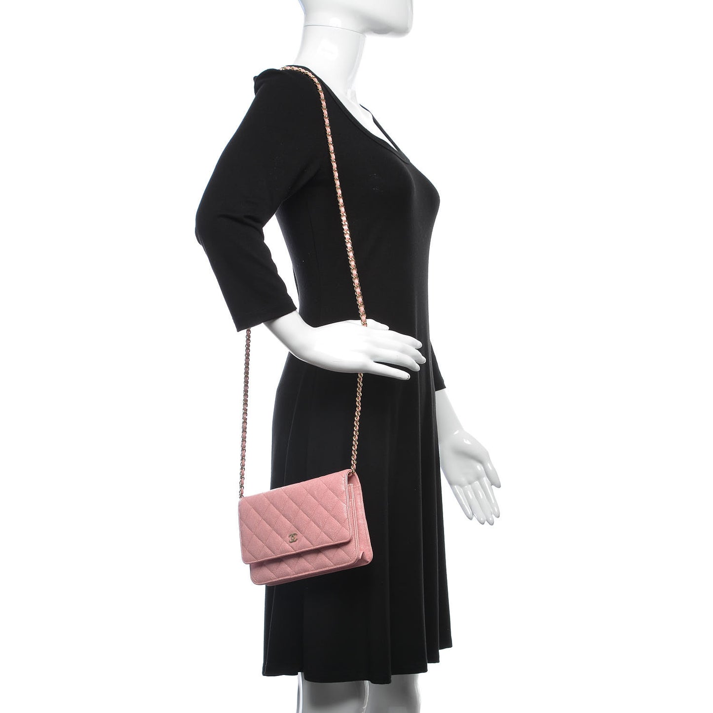 Iridescent Caviar Quilted Wallet on Chain WOC Rose Pink