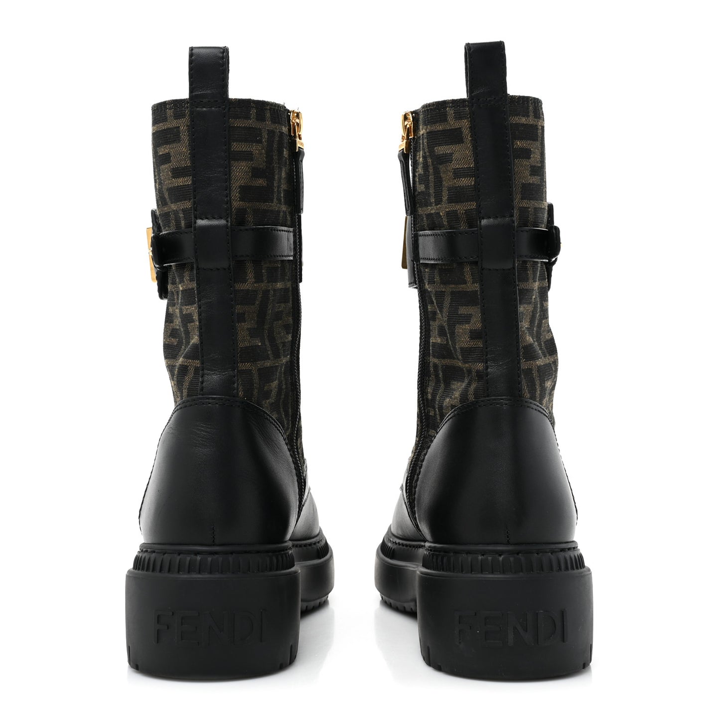 Vitello Fabric Jacquard FF Fendigraphy 50mm Biker Boots 42 Black Tobacco