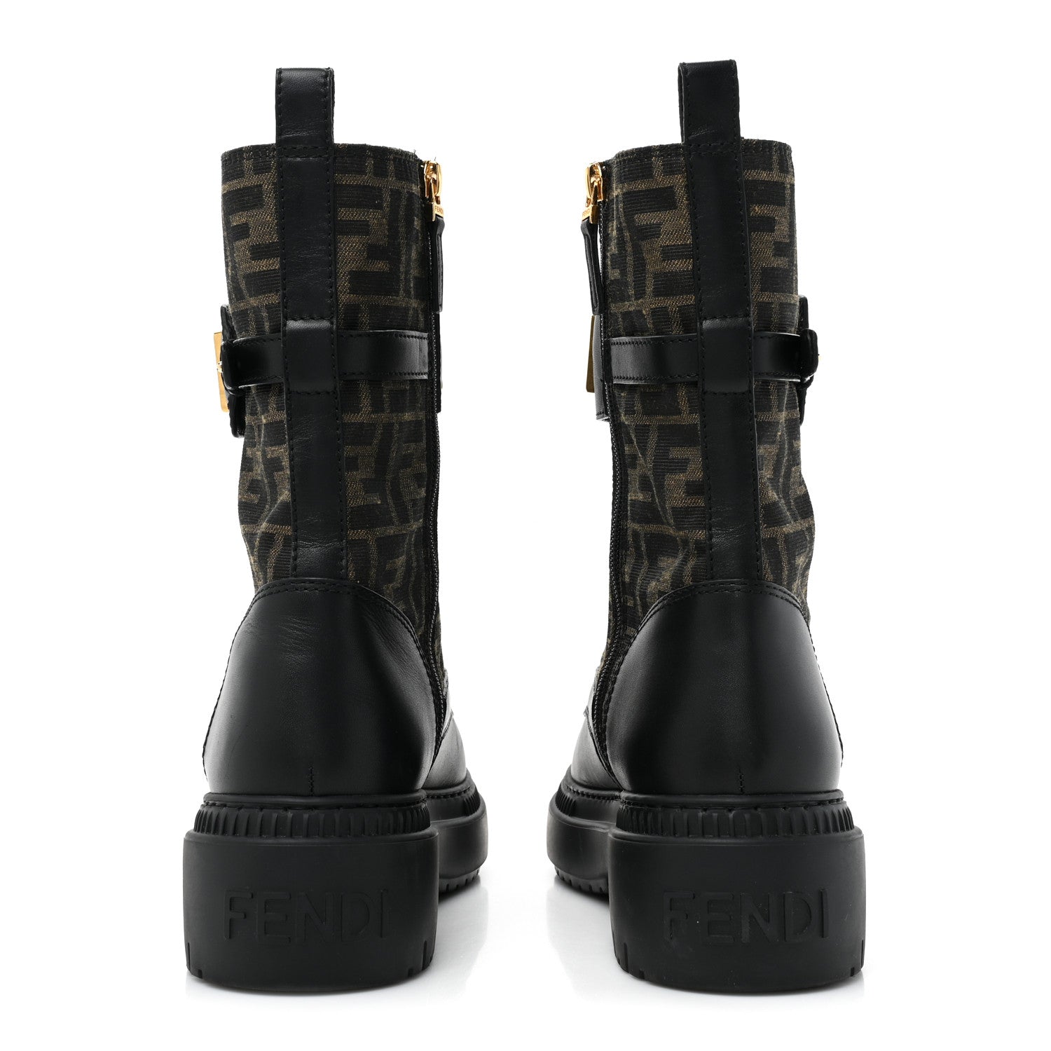 Fendi Vitello Fabric Jacquard FF Fendigraphy 50mm Biker Boots 42 Black Tobacco 4 of 13