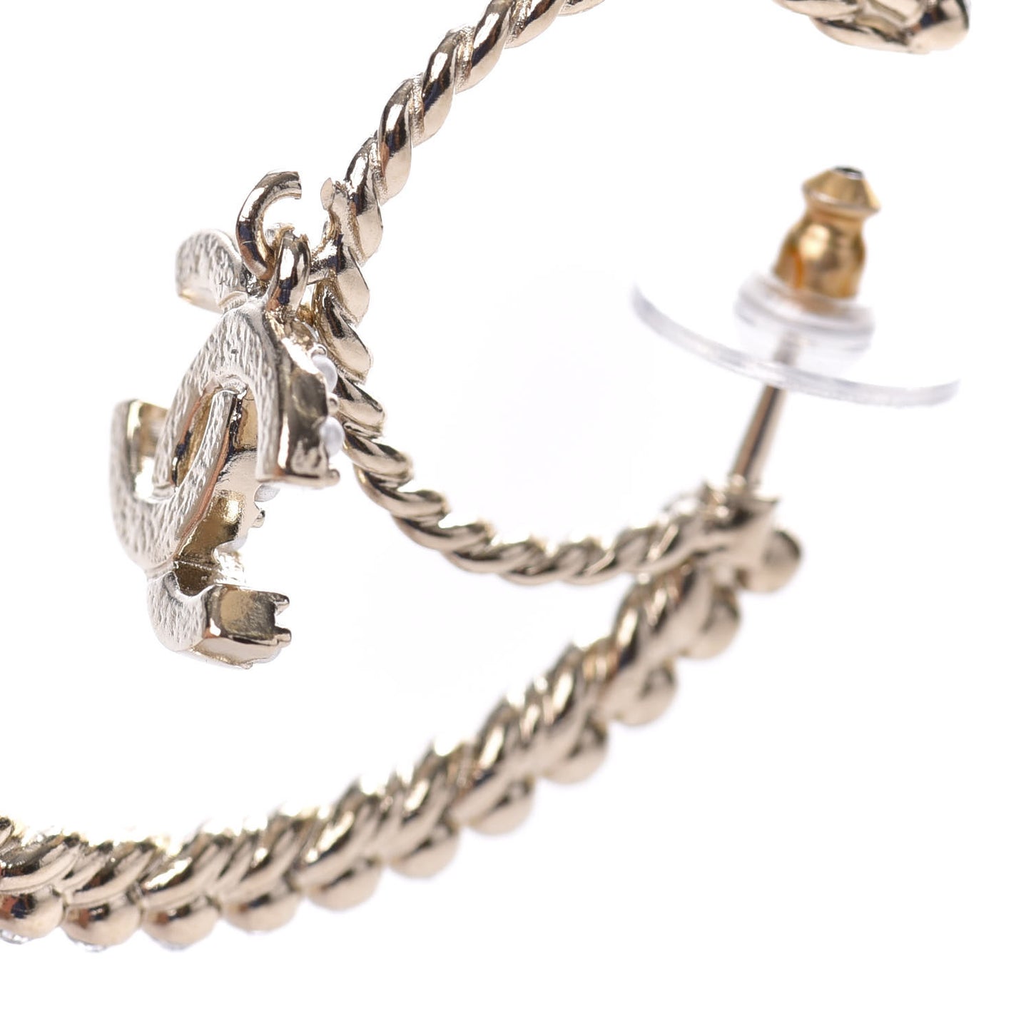 Crystal Pearl CC Drop Hoop Earrings Gold Pearly White