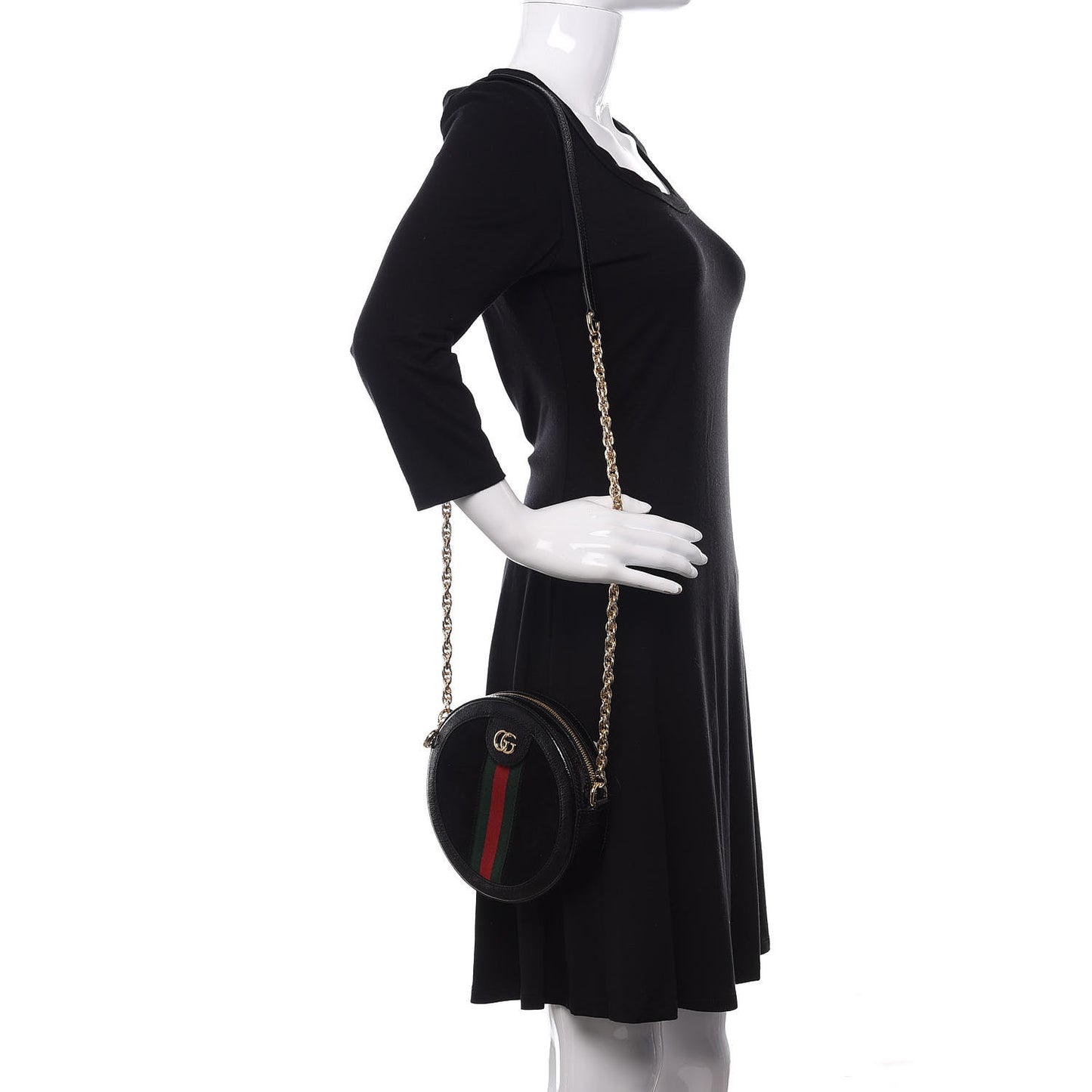 Suede Patent Web Mini Ophidia Round Shoulder Bag Black