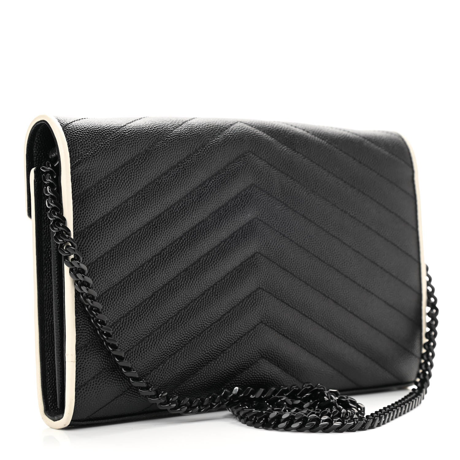 Saint Laurent Grain De Poudre Matelasse Chevron Monogram Chain Wallet Black White 3 of 13