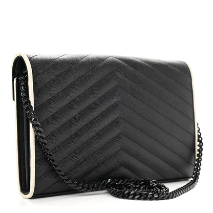 Saint Laurent Grain De Poudre Matelasse Chevron Monogram Chain Wallet Black White 3 of 13