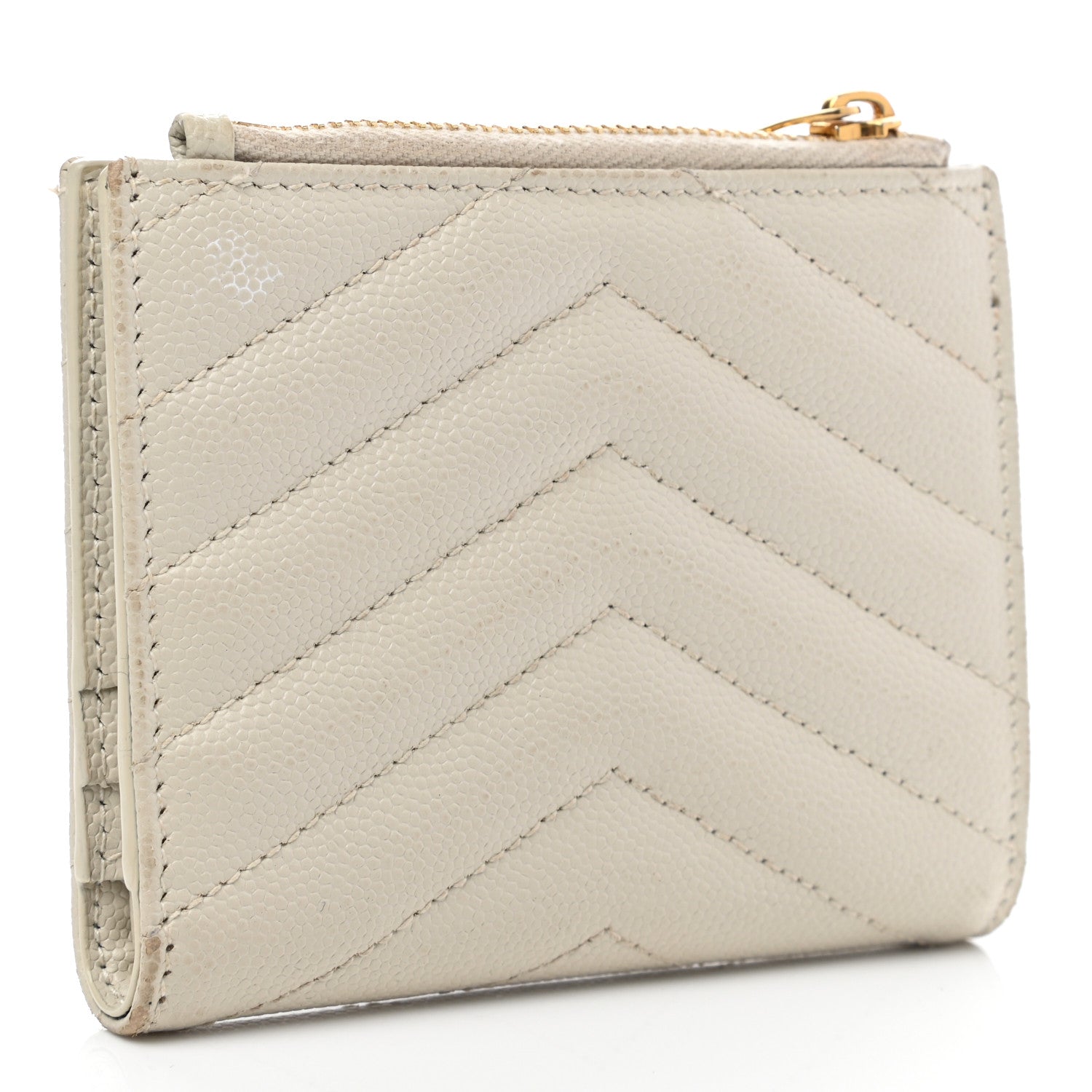 Saint Laurent Grain De Poudre Matelasse Chevron Monogram Zipped Card Case Crema Soft 3 of 9