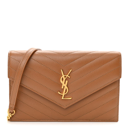 Saint Laurent Grain De Poudre Matelasse Chevron Monogram Envelope Chain Wallet Natural Dark 1 of 10