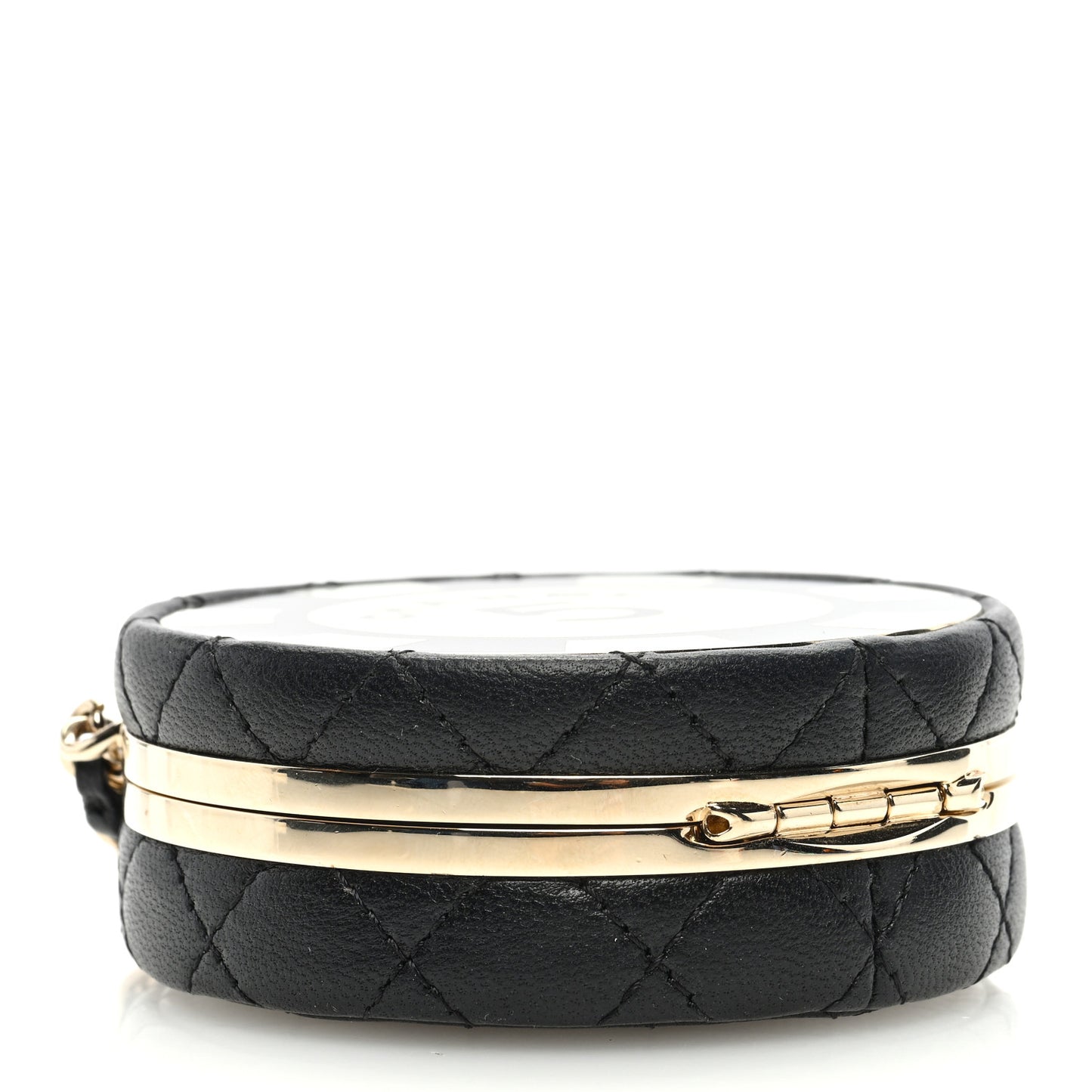 Lambskin Enamel Quilted Round Poker Chip Clutch With Chain Black White
