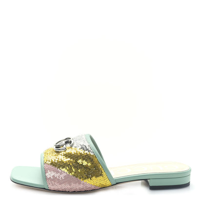 Gucci Sequin Satin Calfskin Matelasse GG Marmont Flat Slide Sandals 39.5 Grigio Argento Verde Chiaro Rosa Giallo Light Water Green 1 of 8